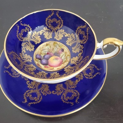 AYNSLEY Cobalt Blue Tea Cup & Saucer Orchard Fruit  Signed D. Jones