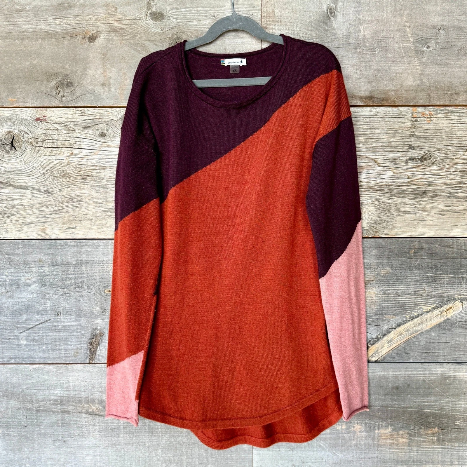 Smartwool Womens Shadow Pine Colorblock Crew Sweater XS Maroon Wool Blend Gorp