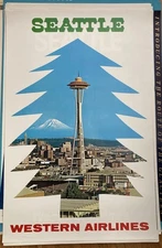 WESTERN AIRLINES SEATTLE 1960s Travel poster 25x39 original space needle