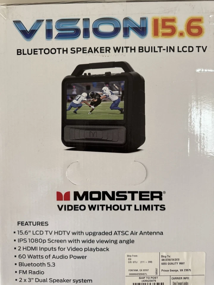 Altavoz Bluetooth Monster Vision 15.6 Pantalla LCD TV Portátil 1080p Radio FM Abierto Foto 2 de 4