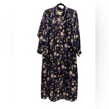 Christian Dior Vintage Silk Satin Flower Nightgown Pajamas Kimono Robe Blue