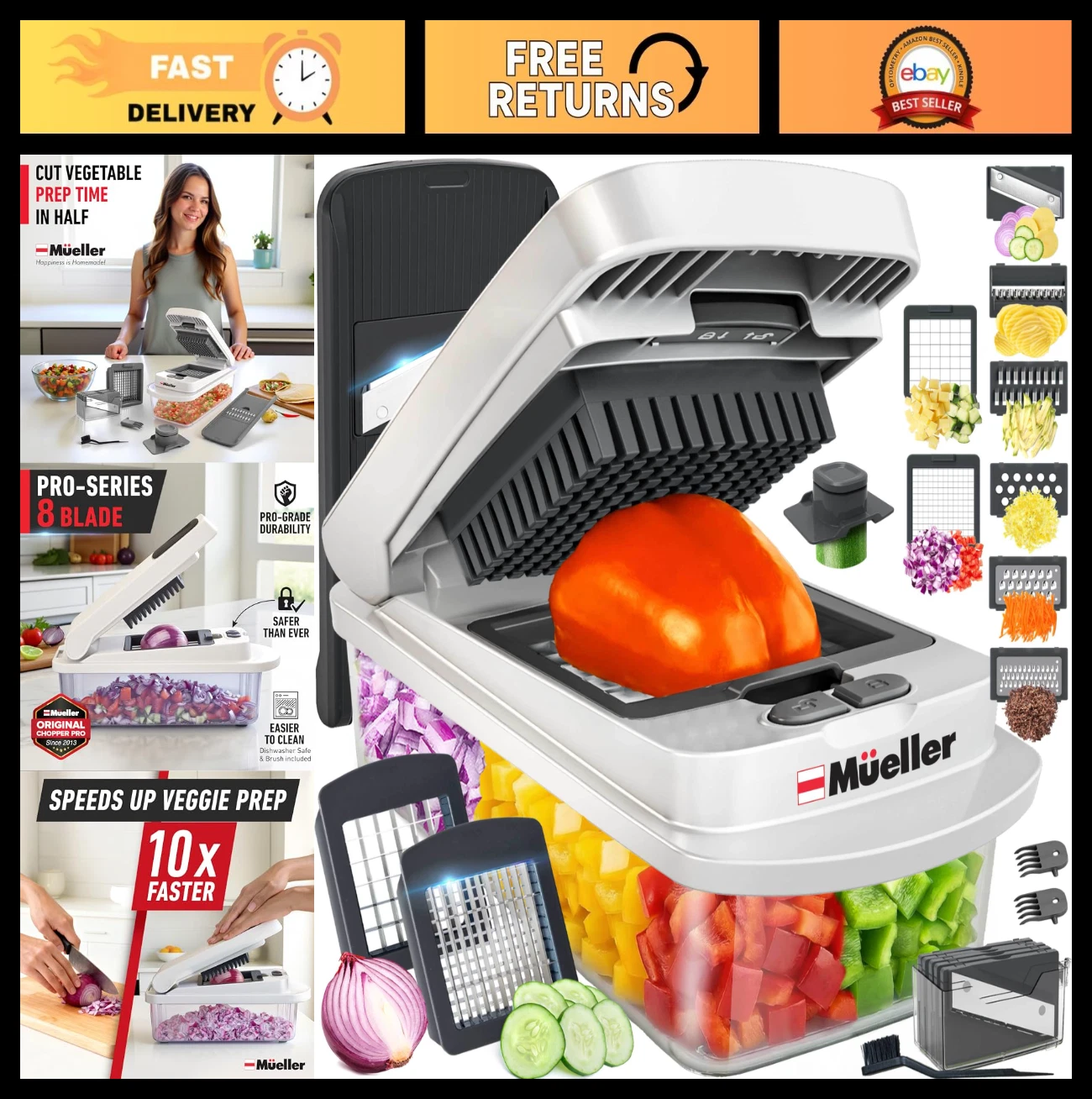 10-in-1 Vegetable Chopper Mandoline Slicer - 8 Blade Food Cutter with Container