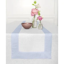 Linen Table Runner 36 Inches - 100% Pure Linen Light Blue and White Table Run...