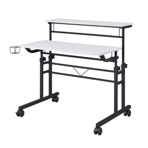 Adjustable Standing Desk Riser Converter White Finish Cup Stand On Wheels Office - Picture 5 of 11