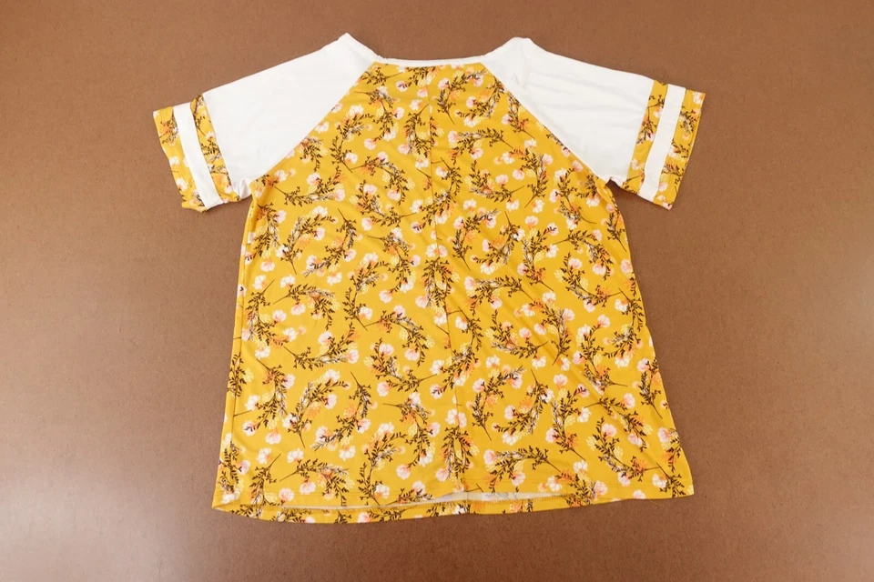 Doublju Women's Size Medium Mustard Flroal Print Short Sleeve Round Neck T-Shirt - Image 3 of 4