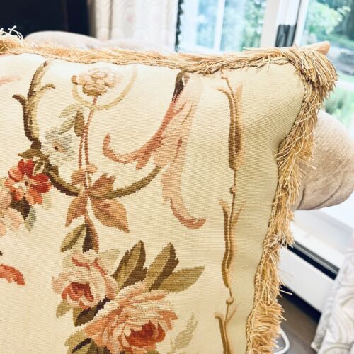 2 Aubusson Wool Tapestry Floral Needlepoint Pillow Down Fringe Silk Set Vtg 24” - Picture 8 of 11