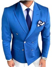 Designer Blue Double Breasted Blazer Gold Buttons Tailored Slim Fit