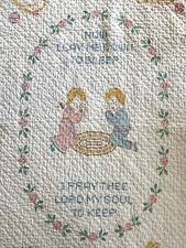 Vtg Embroidered Cross Stitch NOW I LAY ME DOWN TO SLEEP Baby Crib Blanket QUILT