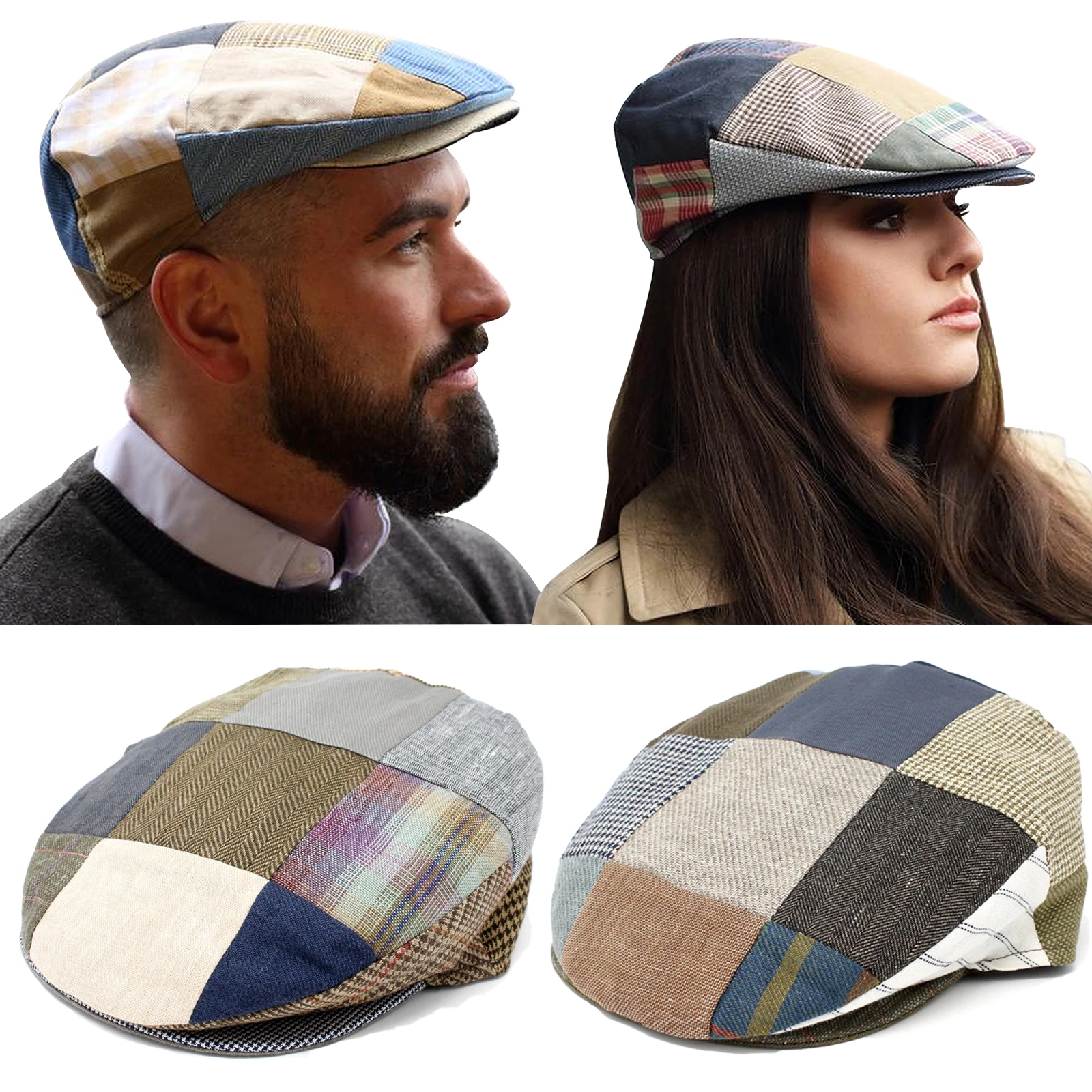 Hanna Hats Irish Linen Vintage Touring Cap Multicolor Patches Made in Ireland