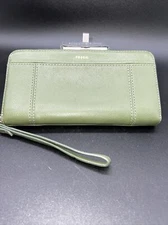 Fossil Jori RFID Zip Clutch Olive Green Leather Wristlet