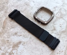 Black Milanese Band and Crystal Case Cover for Fitbit Versa 2 3 4 and Sense 1 2