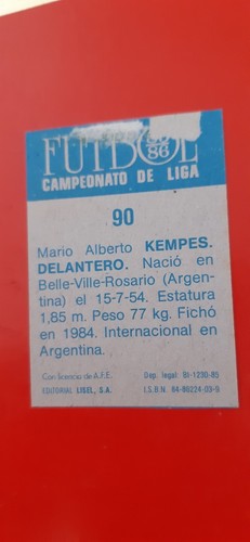 CARD 1985 85 86 ARGENTINA MARIO KEMPES HÉRCULES LAST YEAR LISEL - Imagen 2 de 2
