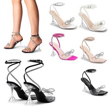 Women Stiletto Heel Sandals Strappy Sparkly Rhinestone Square for Party Wedding