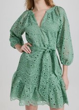 $460 Shoshanna Women's Green Adelia Eyelet Self-Tie A-Line Dress Size 8