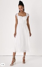 Lulus White Polka Dot Tulle Midi Dress M Square Neck Flutter Sleeve Zip