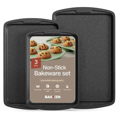 Bakken Swiss Cookie Sheet 3 Piece Set - Non-Stick, Stackable Baking Pans, Gra...