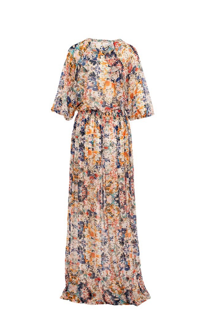 Rebecca Minkoff Sheer Floral Colorful Maxi Dress Ruffles Tie Sz L