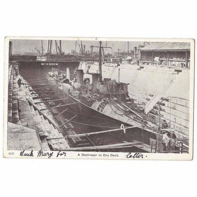 VERSAND Ein Zerstörer im Trockendock, Postkarte geschickt nach Swinton House Coldstream 1907