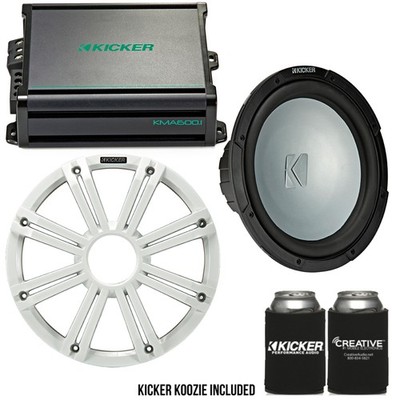 Kicker 12 Inch LED Marine Subwoofer in White with 600 Watt Amplifier Bundle