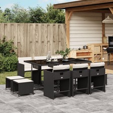 11 Piece Patio Dining Set with Cushions Black Poly Rattan