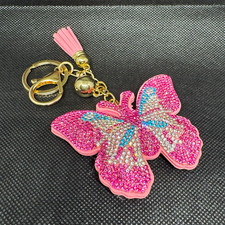 Pink Faux Leather Butterfly Key Chain Keyring w/ Rhinestone Accents  Tassel