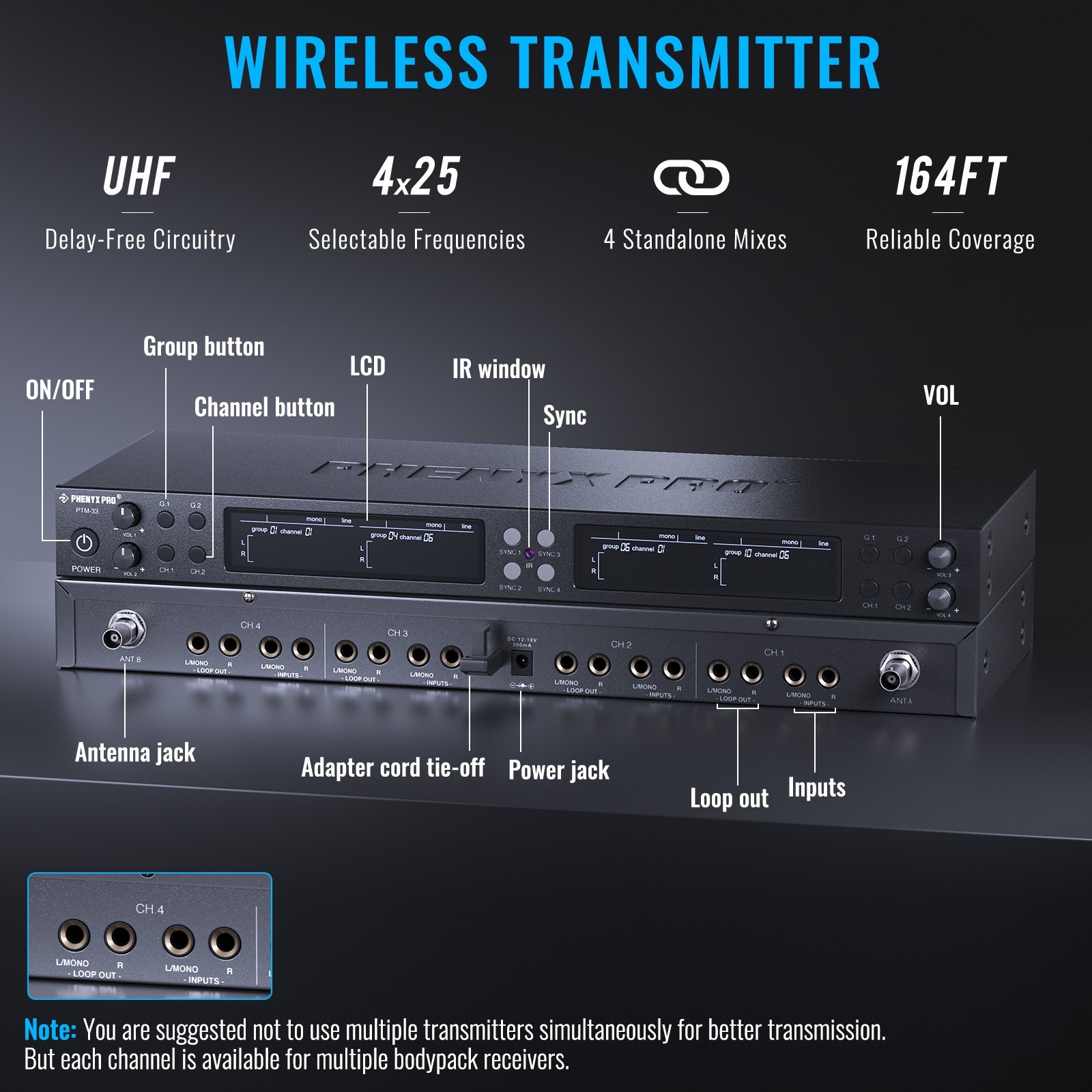 Phenyx Pro PTM-33 UHF 4-Channel Wireless IEM Rack System 4 Bodypacks ...
