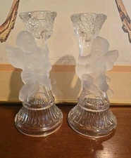 Cherub Angel Hollow Ware Two Tone Crystal Candlestick Holders Pair Vintage 6-1/2