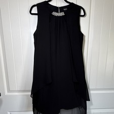 SLNY Black Chiffon Shift Dress Beaded Round Neck Lined Knee Length Size 12