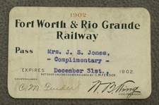 1902 Fort Worth & Rio Grande Railway Pass to Mrs. J.S. Jones