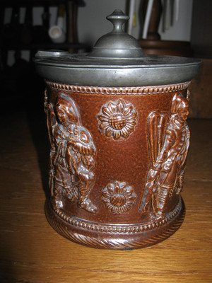 Salt Glaze Stoneware Tobacco Jar with Lid Relief Figures Beauvais 19th C France