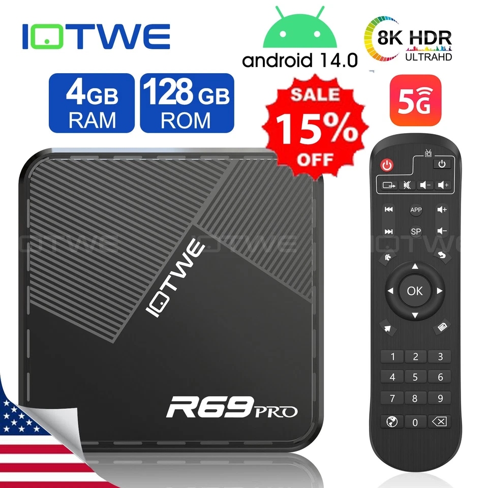 IOTWE Android14 Smart TV BOX 4+128G 1000M 2.4G/5G WIFI6 Media Player Octa Core