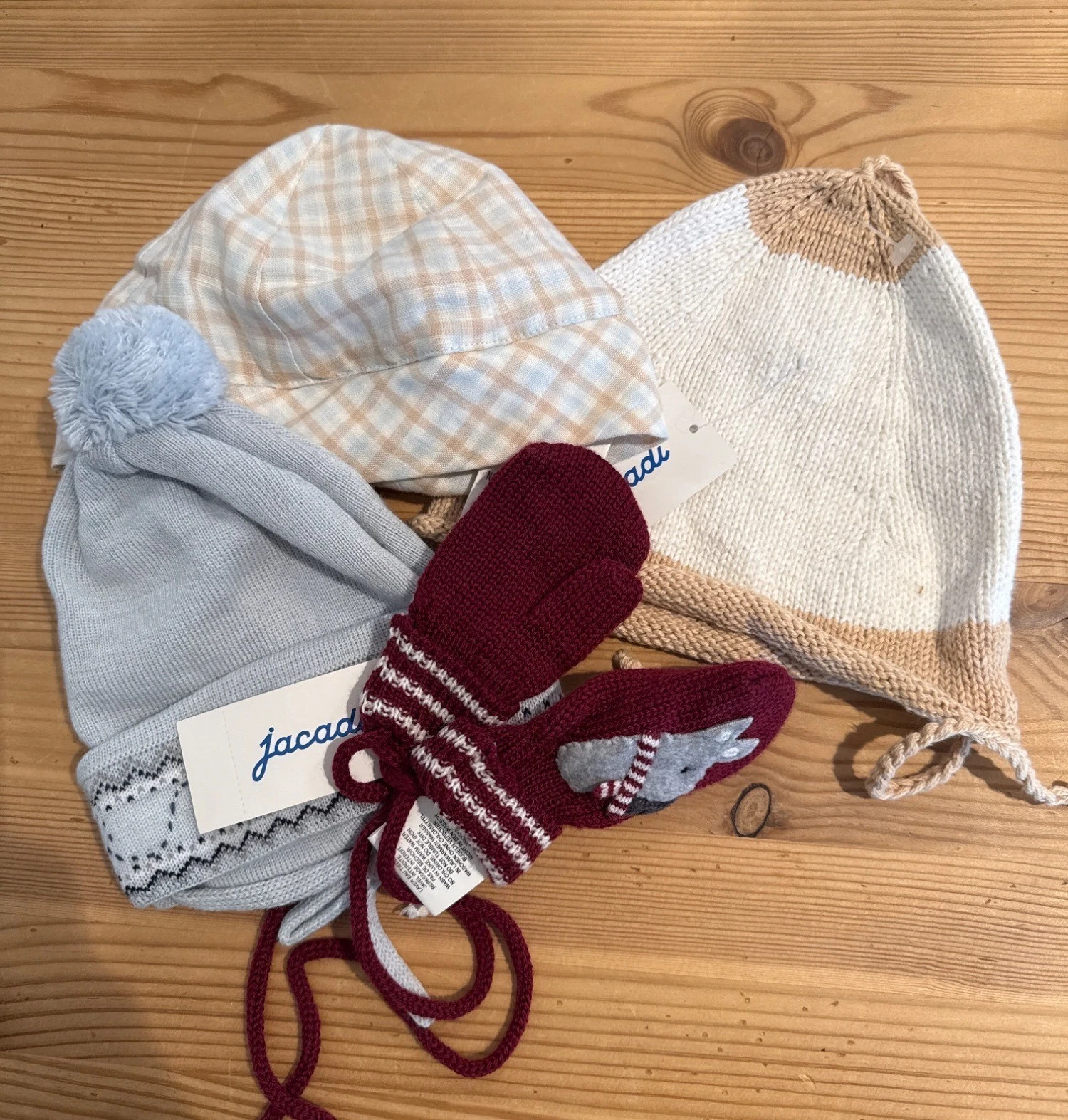 Jacadi Baby 6 months unisex sun hat, winter hats, mittens bundle NWT JW