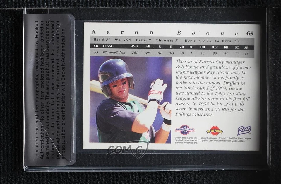 BAS 1995 Best Aaron Boone #65 Authentic Auto Rookie RC - Image 2 of 2