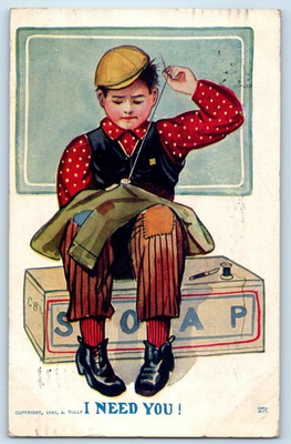 #ad #ad 1909 Boy Stitching I Need You Soap Marceline Missouri MO Antique Postcard $14.95