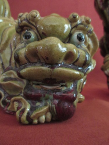 Fabulous Foo's 1950’s/60's pair of drip glaze stoneware Foo Dog Figurines Heavy! - Picture 8 of 11