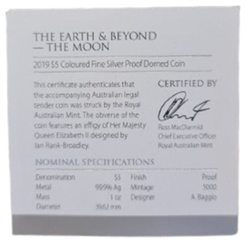 2019 Australia 1 oz .999 Silver $5 Domed Earth and Beyond: The Moon - Picture 5 of 5
