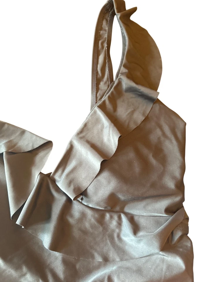 Chaps 女式荷叶边吊带连体泳衣 US 16 EU 48 黑色尼龙混纺 — 第 3/4 张图片