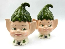 VINTAGE MATCHING SUGAR BOWL & CREAMER SET PIXIE ELVES WITH GREEN LEAF HAT TOPS