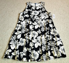 NWT Womens Dress-OLD NAVY-black/white floral rayon knit 'Mini Swing'-PL