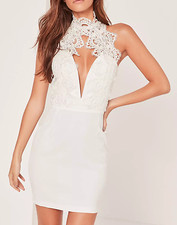 Missguided white lace high neck deep v mini dress (M13/5)