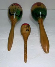 Vintage 3-Piece MARACAS Natural Color Wood with Red, Green  Black Design Differ