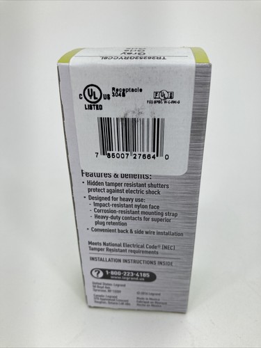 Legrand Commercial Outlet 15Amp 125V Tamper Resistant TR26252GRYCC8L Gray - Picture 3 of 5