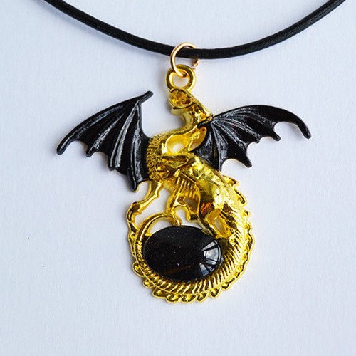 Black Winged Golden Dragon with Glass 