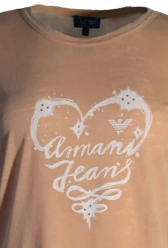 Armani Jeans Women's T-Shirt Crystal Rhinestone Love Heart Peach Top Size M L XL - Image 2 of 3