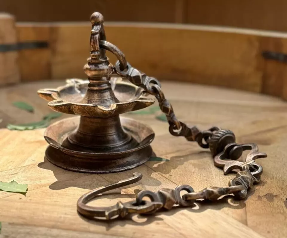 Antique Brass Hanging Diya Oil Light Lamp With Chain Original Old Fine Engraved - Image 2 of 4