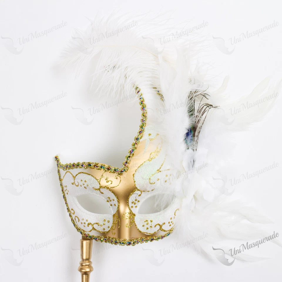 Боковое перо блестящая маска венецианский Хэллоуин вечеринки глаз маски белое золото с палочкой - Изображение 2 из 4