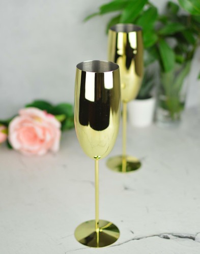 2 Bicchieri di Champagne 270ml Acciaio Inox Oro Calici Color Flute e Prosecco - Foto 2 di 4