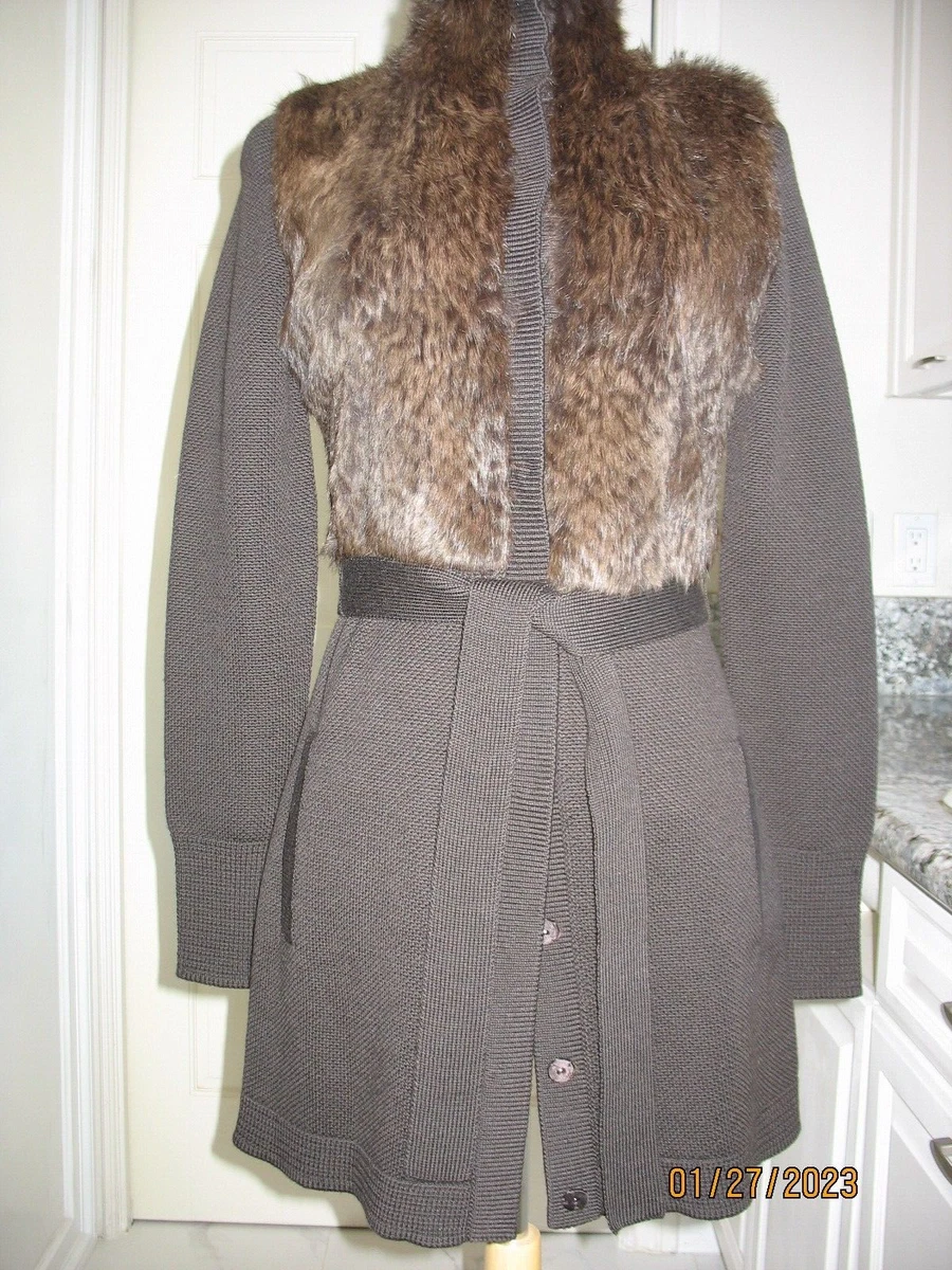 ELIE TAHARI MERINO WOOL CHOCOLATE BROWN RABBIT TRIMMED BELTED LONG