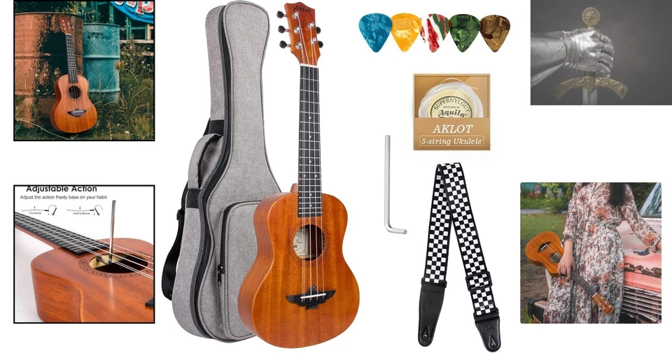 多功能 5 弦尤克里里 - 26 英寸男高音带纯色桃花心木饰面和配件 — 第 2/4 张图片