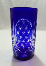 Tumbler Cobalt Blue Cut To Clear Crystal Glass Tall Tumbler Vintage